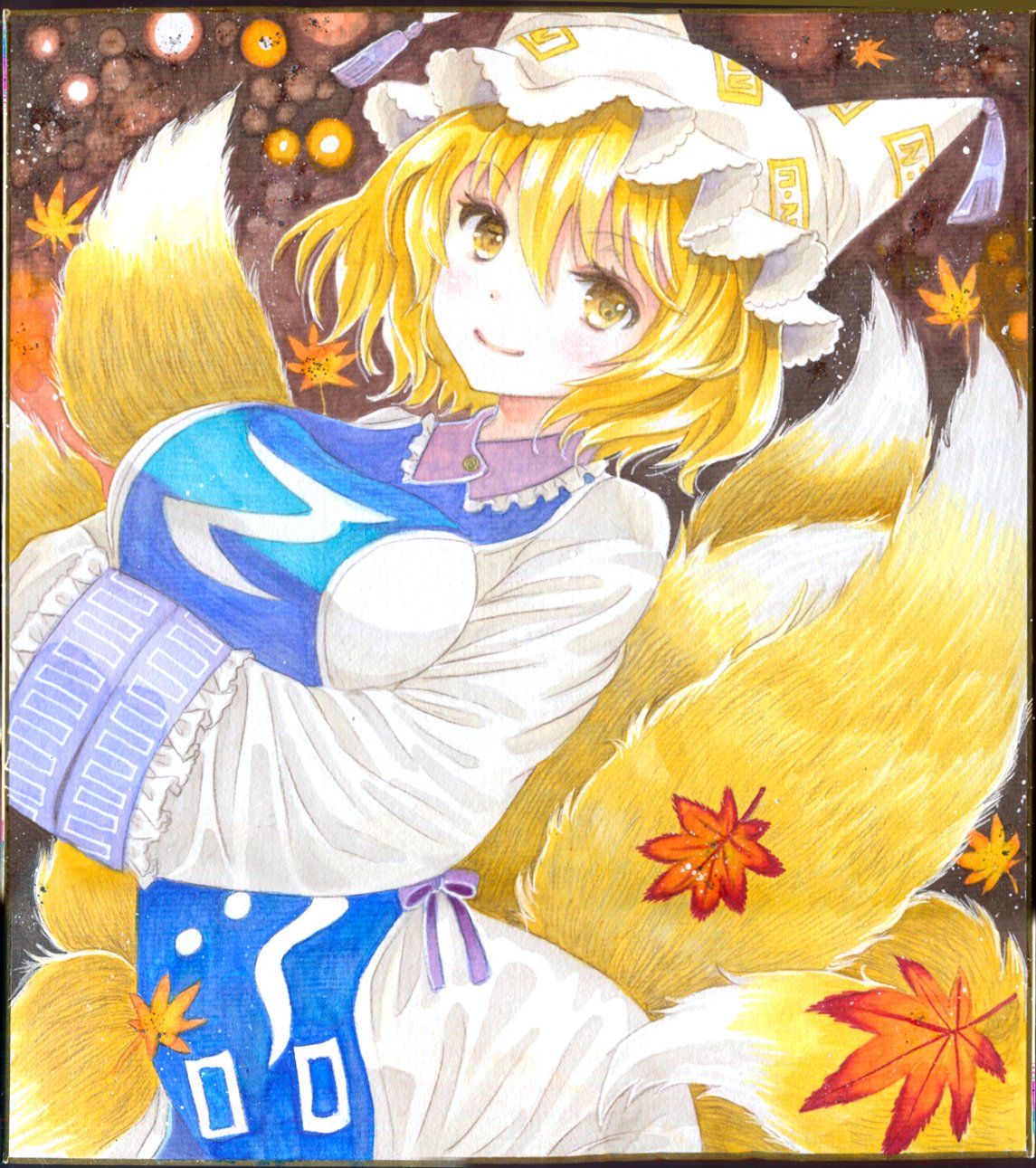 1girl autumn_leaves blonde_hair breasts closed_mouth commentary_request fox_girl fox_tail hajike_akira hands_in_opposite_sleeves hat highres kitsune large_breasts leaf looking_at_viewer maple_leaf mob_cap multiple_tails short_hair smile solo tail touhou white_headwear yakumo_ran yellow_eyes