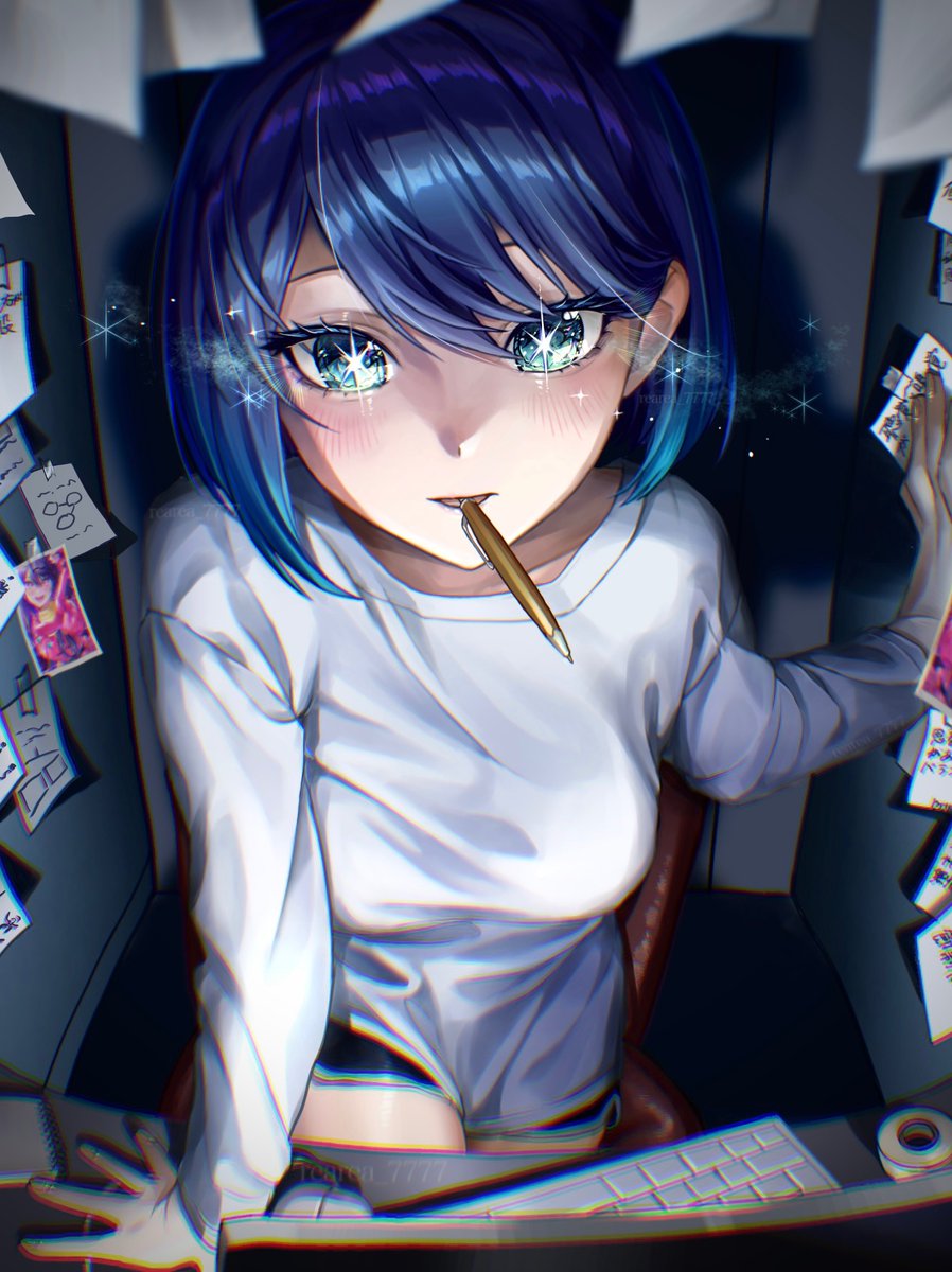 1girl arm_support black_shirt blue_eyes blue_hair blurry blurry_foreground blush breasts chromatic_aberration collarbone dolphin_shorts highres hoshino_ai_(oshi_no_ko) keyboard_(computer) kurokawa_akane light_particles long_sleeves looking_at_viewer oshi_no_ko pen_in_mouth photo_(object) rearea_7777 shirt short_hair shorts solo sparkle spoilers star-shaped_pupils star_(symbol) swept_bangs symbol-shaped_pupils white_shirt