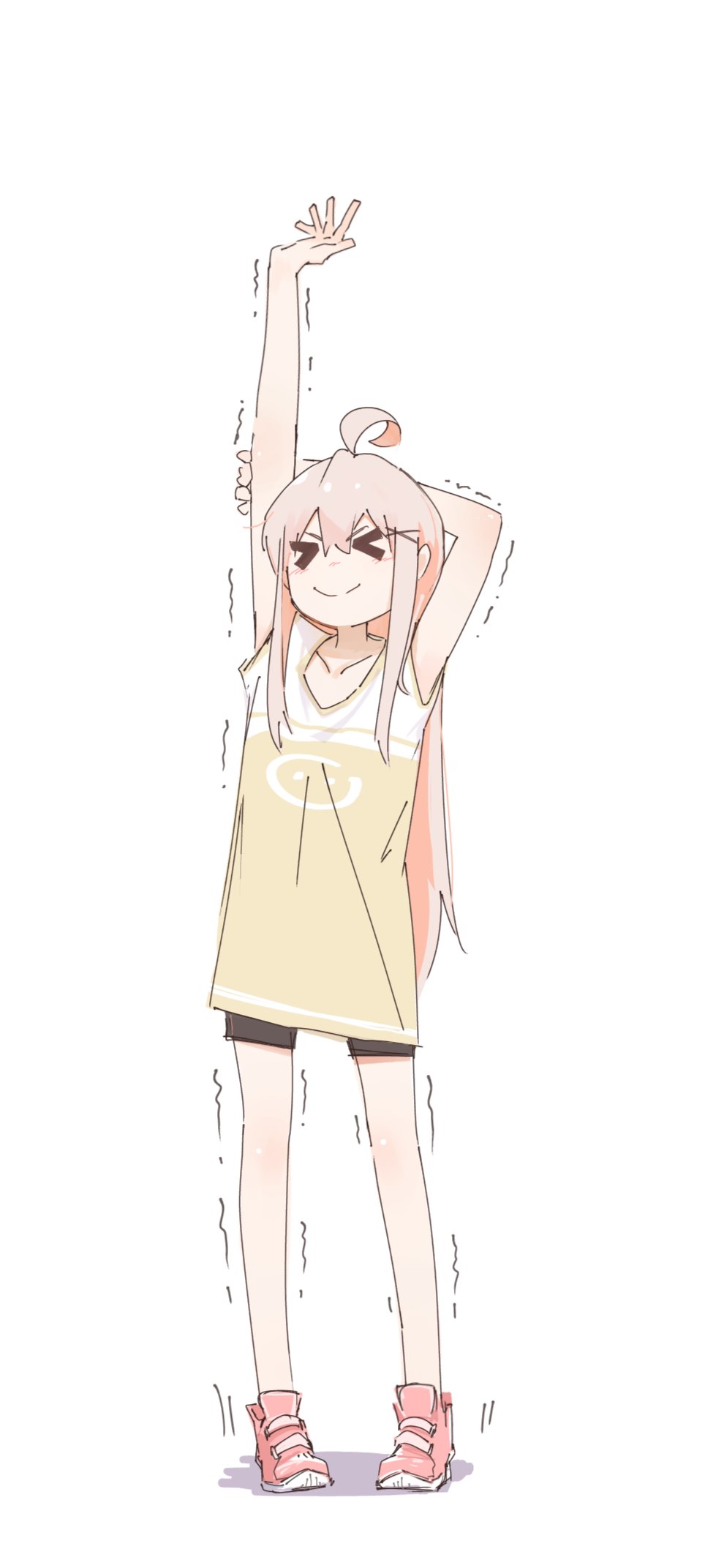 &gt;_&lt; 1girl ahoge alternate_costume arm_behind_head arms_up bare_legs bike_shorts collarbone commentary full_body hair_between_eyes hair_ornament highres long_hair onii-chan_wa_oshimai! oyama_mahiro pink_hair red_footwear shirt shoes short_sleeves sidelocks simple_background smile sneakers solo standing stretching trembling white_background x_hair_ornament yellow_shirt yituonongtang
