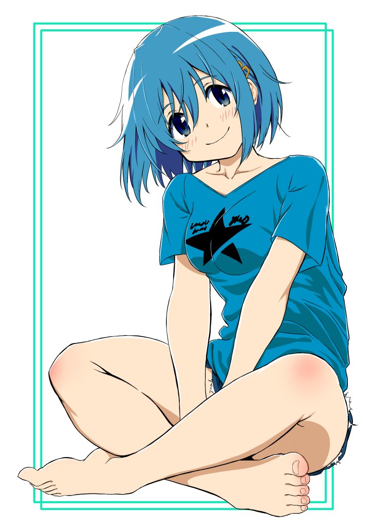 1girl alternate_costume blue_eyes blue_hair blue_shirt border crossed_legs denim denim_shorts full_body hakase_yurisuki head_tilt looking_at_viewer mahou_shoujo_madoka_magica miki_sayaka outside_border shirt short_hair shorts simple_background sitting smile solo star_(symbol) star_print white_background