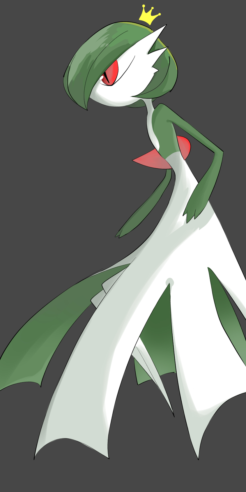1girl bob_cut colored_skin commentary crown flat_chest from_side full_body gardevoir green_hair green_skin grey_background highres legs_together mini_crown multicolored_skin pokemon pokemon_(creature) profile rve short_hair simple_background solo standing two-tone_skin white_skin yellow_headwear
