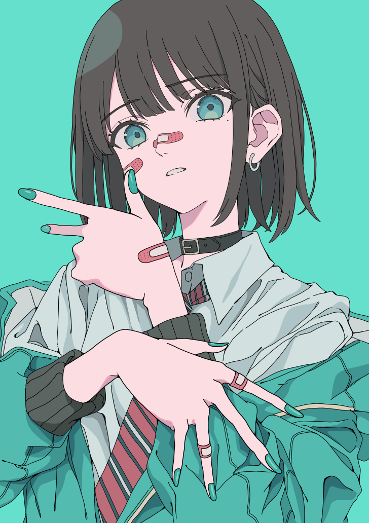 1girl bandaid bandaid_on_face bandaid_on_hand bandaid_on_nose black_collar blue_eyes blue_nails bob_cut brown_hair clenched_teeth collar collared_shirt earrings green_background green_jacket green_theme haku_geroda jacket jewelry long_bangs long_sleeves looking_at_viewer medium_hair nail_polish necktie off_shoulder open_clothes open_jacket open_mouth original red_necktie school_uniform shirt sidelocks simple_background sleeve_cuffs solo striped_necktie teeth upper_body v white_shirt wing_collar
