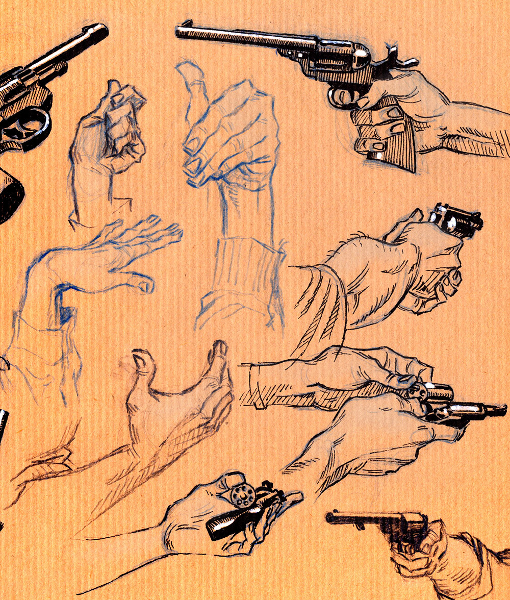 amandajespersenholm ammunition cartridge clenched_hand cocked_hammer colored_lineart colored_pencil_(medium) colt_single_action_army commentary disembodied_limb english_commentary finger_on_trigger fingernails fingers gun hand_focus handgun hatching_(texture) holding holding_gun holding_weapon limited_palette linear_hatching lineart marker_(medium) open_cylinder_(revolver) original own_hands_together perspective reloading revolver s&amp;w_m10 sketch sleeves_past_elbows smith_&amp;_wesson snubnosed_revolver traditional_media variations weapon