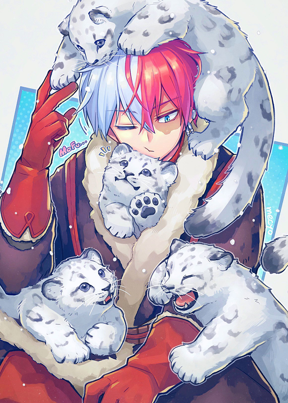1boy animal blue_eyes boku_no_hero_academia cat closed_eyes commentary earrings gloves highres jewelry kitten mecyo_(mamezurushiki) multicolored_hair official_alternate_costume one_eye_closed open_mouth red_gloves redhead snow_leopard sound_effects symbol-only_commentary todoroki_shouto two-tone_hair white_hair