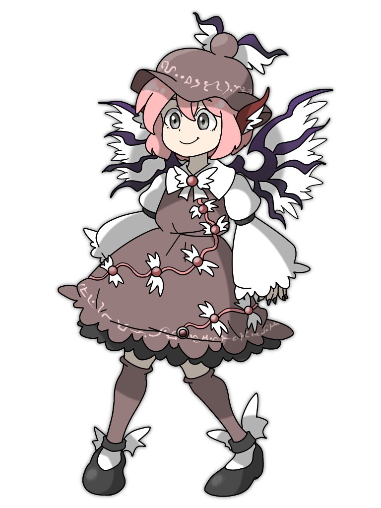 1girl animal_ears bird_ears bird_wings black_footwear brown_dress brown_headwear brown_thighhighs closed_mouth commentary dress edwardmidori frilled_sleeves frills full_body grey_eyes hat imperishable_night long_sleeves mystia_lorelei pink_hair shoes short_hair simple_background sleeve_garter smile solo thigh-highs touhou white_background white_wings wide_sleeves winged_footwear winged_hat wings