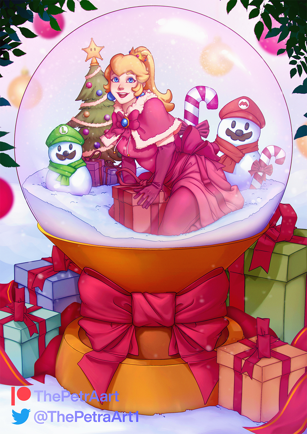1girl blonde_hair blue_eyes bow box candy candy_cane capelet christmas_ornaments christmas_tree crown dress food gift gift_box highres leaf long_hair looking_at_viewer patreon_logo patreon_username pink_capelet pink_dress plant ponytail princess_peach red_bow red_ribbon ribbon snow snow_globe snowman solo super_mario_bros. super_smash_bros. the_petra_art twitter_logo twitter_username wide_shot