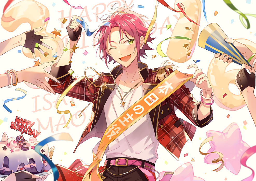 1boy bangs_pinned_back belt black_gloves bracelet cake character_name commentary confetti ensemble_stars! fingerless_gloves fingernails food gloves green_eyes happy_birthday high_collar holding holding_cake holding_food holding_party_popper isara_mao jacket jewelry long_sleeves necklace one_eye_closed open_clothes open_jacket open_mouth party_popper purple_hair sash seuga shirt short_hair single_glove sky sleeves_past_elbows star_(sky) star_balloon starry_sky white_shirt