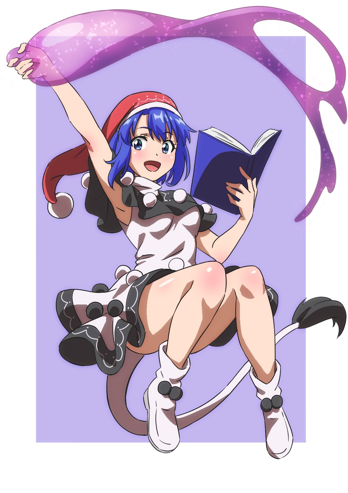 1girl black_capelet blob blue_eyes blue_hair blush book boots capelet doremy_sweet dream_soul dress gyouza_(mhea5724) hat highres holding holding_book nightcap open_mouth pom_pom_(clothes) red_headwear short_hair solo tail tapir_tail touhou white_dress white_footwear