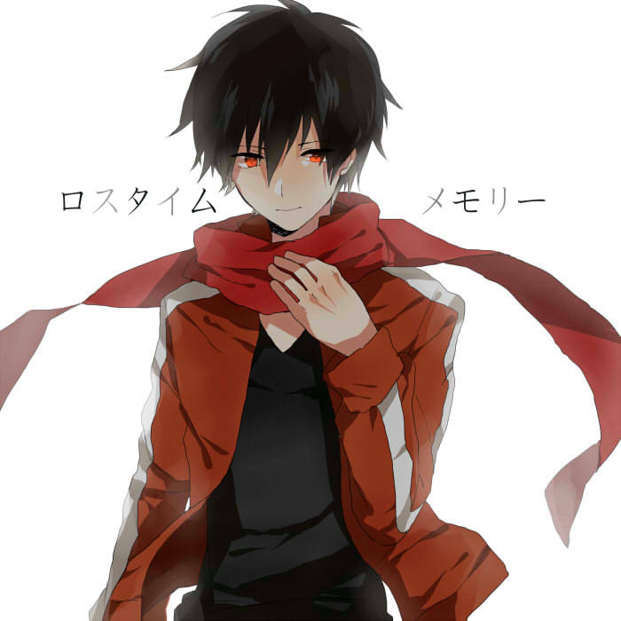 1boy adjusting_scarf arm_at_side black_hair black_shirt casual closed_mouth commentary_request floating_scarf hair_between_eyes jacket kagerou_project kisaragi_shintarou light_smile long_bangs looking_at_viewer loss_time_memory_(vocaloid) male_focus open_clothes open_jacket partial_commentary red_eyes red_jacket red_scarf scarf shirt short_hair simple_background single_stripe single_vertical_stripe solo song_name striped striped_jacket t-shirt track_jacket translated upper_body white_background white_stripes yaya_251