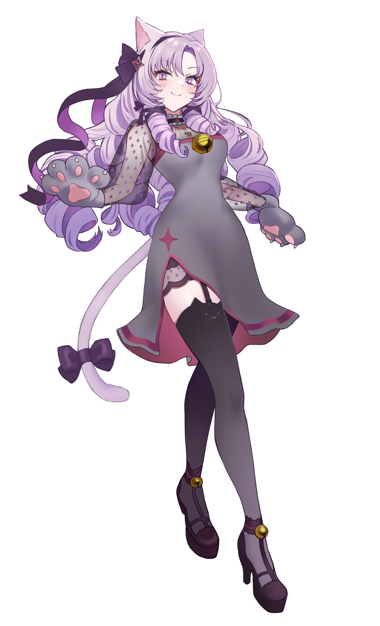 1girl alternate_costume animal_ear_fluff animal_ears bell black_thighhighs blush breasts cat_ears cat_paw chest_tattoo closed_mouth commentary_request dress drill_hair encha garter_straps grey_dress hair_ribbon hairband high_heels highres hyakumantenbara_salome jingle_bell light_purple_hair long_hair looking_at_viewer medium_breasts nijisanji parted_bangs purple_hairband purple_ribbon ribbon ringlets scorpion_tattoo see-through see-through_cleavage see-through_sleeves side_slit simple_background slit_pupils smile solo tattoo thigh-highs violet_eyes virtual_youtuber white_background