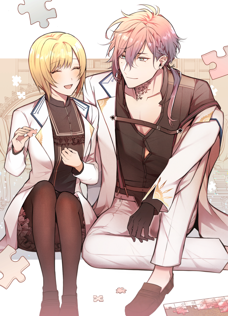 1boy 1girl black_shirt blonde_hair braid brown_footwear brown_leggings ceres_(shuuen_no_virche) crown_braid hetero highres jacket jacket_partially_removed krmxxxxxx leggings loafers long_hair low_side_ponytail neck_tattoo pants pink_hair puzzle puzzle_piece red_skirt scien_brofiise shirt shoes short_hair shuuen_no_virche skirt tattoo white_jacket white_pants