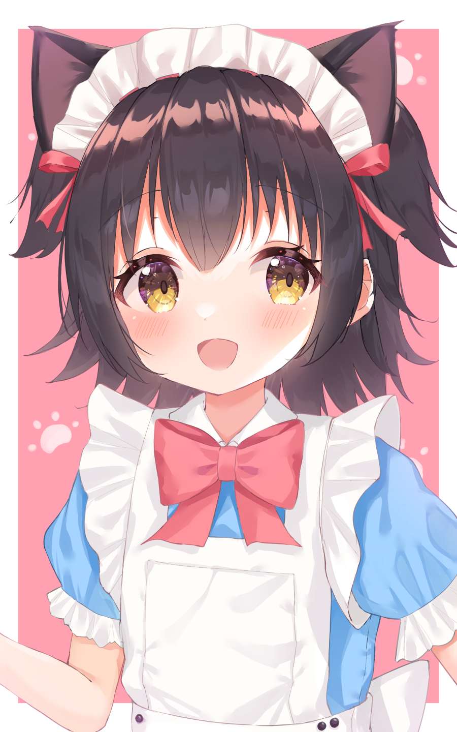 1girl :d akagi_miria animal_ears apron black_hair blue_dress blush border bow bowtie cat_ears cat_girl collared_dress commentary_request dress extra_ears flat_chest frilled_apron frilled_sleeves frills hair_between_eyes hair_ribbon highres idolmaster idolmaster_cinderella_girls kemonomimi_mode looking_at_viewer maid maid_apron maid_headdress matchanear open_mouth outside_border paw_print pink_background red_bow red_bowtie red_ribbon ribbon short_hair smile solo two_side_up upper_body white_apron white_border yellow_eyes