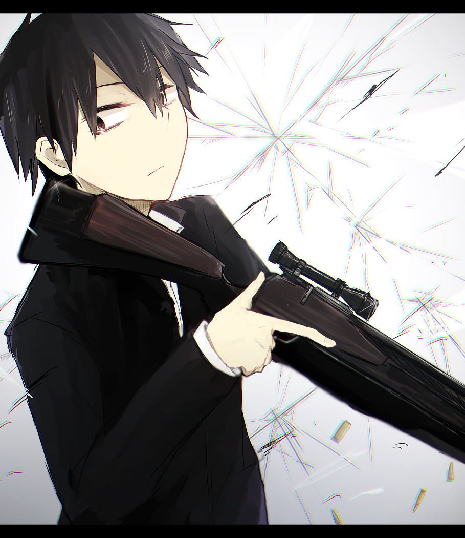 1boy akebisousaku ammunition bad_gun_anatomy black_eyes black_hair black_jacket bolt_action chromatic_aberration closed_mouth collared_jacket collared_shirt commentary crack cracked_glass double-parted_bangs floating floating_object gakuran glint gradient_background grey_background gun hair_between_eyes hair_over_one_eye holding holding_gun holding_weapon jacket kagerou_project kisaragi_shintarou letterboxed light_frown limited_palette long_sleeves looking_away looking_to_the_side male_focus open_clothes open_jacket rifle rifle_cartridge school_uniform scope shell_casing shirt short_hair sideways_glance solo trigger_discipline unbuttoned weapon white_background white_shirt
