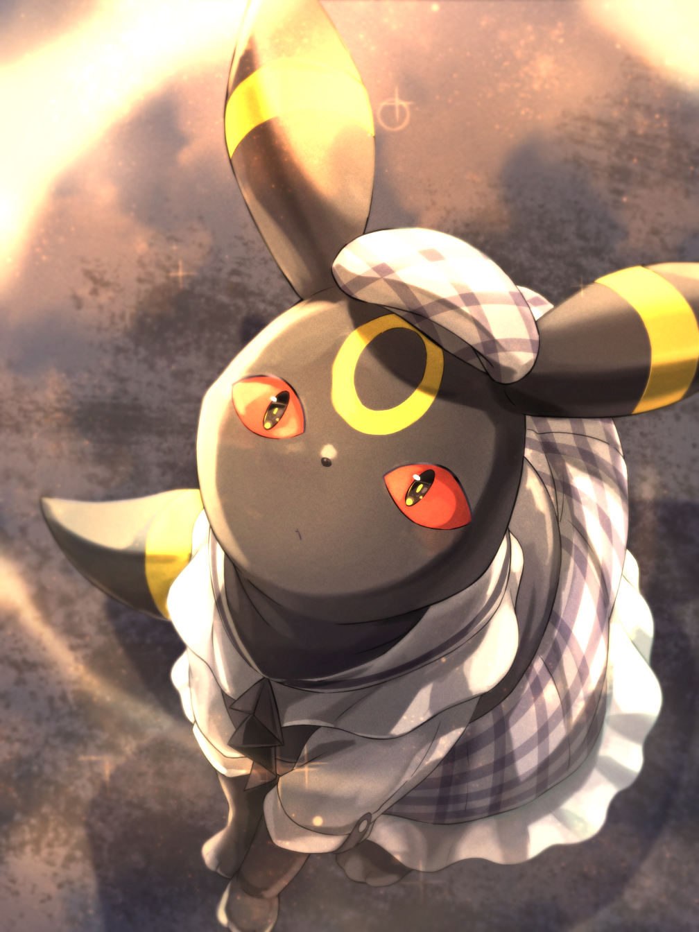 animal_focus black_fur clothed_pokemon colored_sclera highres itsudzumi looking_at_viewer looking_up no_humans pokemon pokemon_(creature) red_sclera sitting slit_pupils umbreon