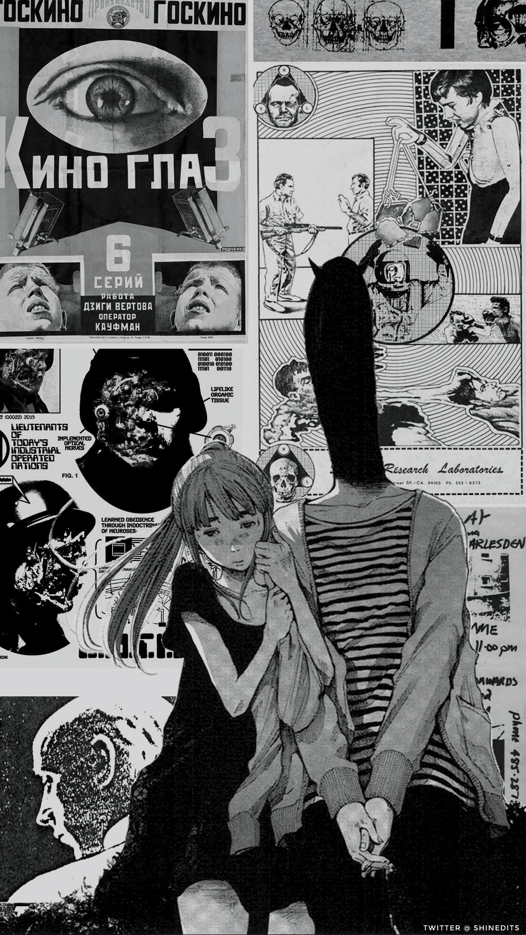 1boy 1girl abstract artist_name closed_mouth demon_horns english_text expressionless highres horns long_hair monochrome onodera_punpun own_hands_together oyasumi_punpun ponytail russian_text shinedlts shirt striped striped_shirt tanaka_aiko third-party_edit