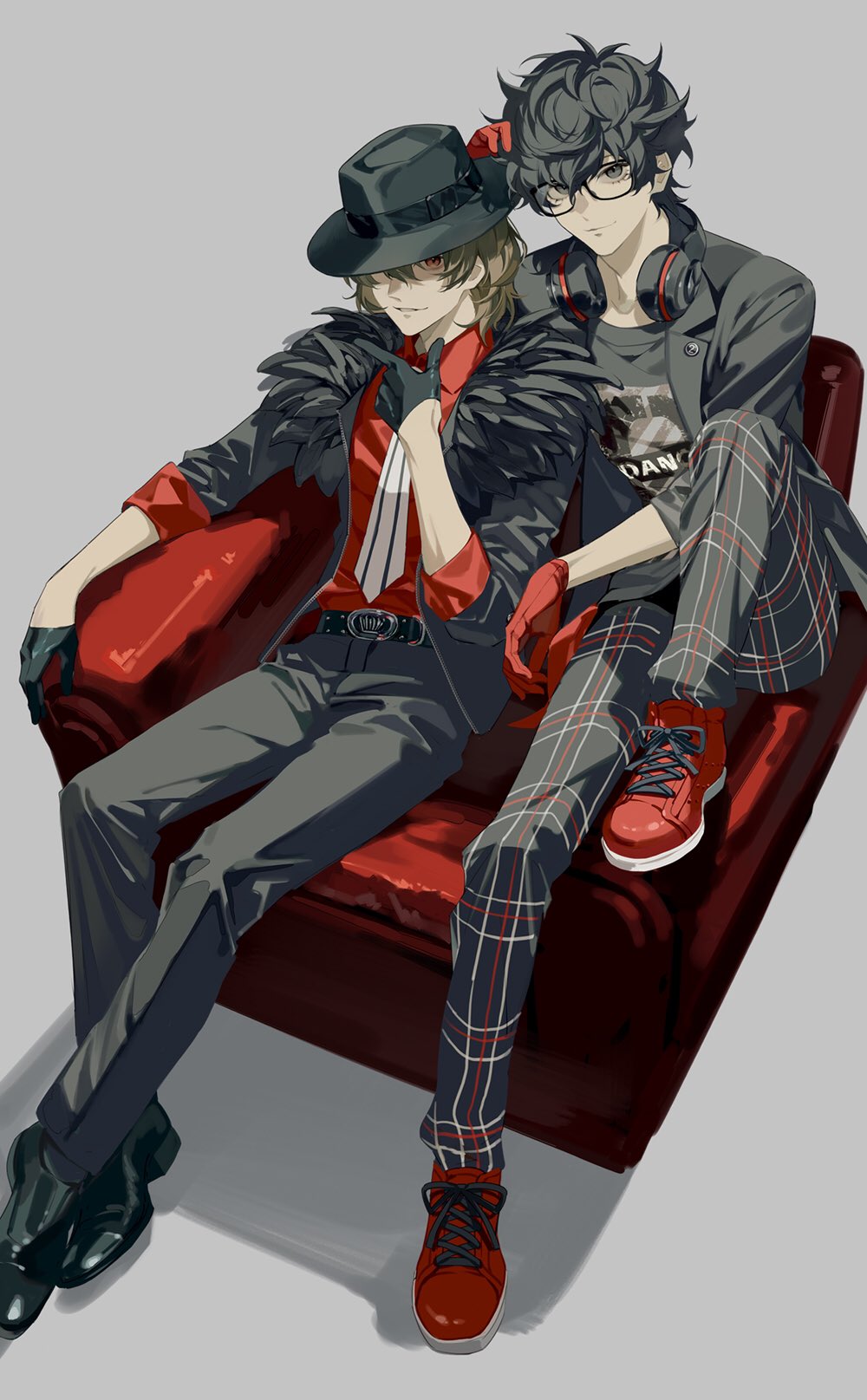 2boys akechi_gorou amamiya_ren black-framed_eyewear black_eyes black_footwear black_gloves black_hair black_headwear black_jacket black_pants brown_hair chair full_body glasses gloves grey_background hat headphones headphones_around_neck highres jacket looking_at_viewer male_focus multiple_boys open_clothes open_jacket pants persona persona_5 persona_5:_dancing_star_night persona_dancing plaid plaid_pants red_eyes red_footwear red_gloves shiozakana shirt shoes simple_background sitting