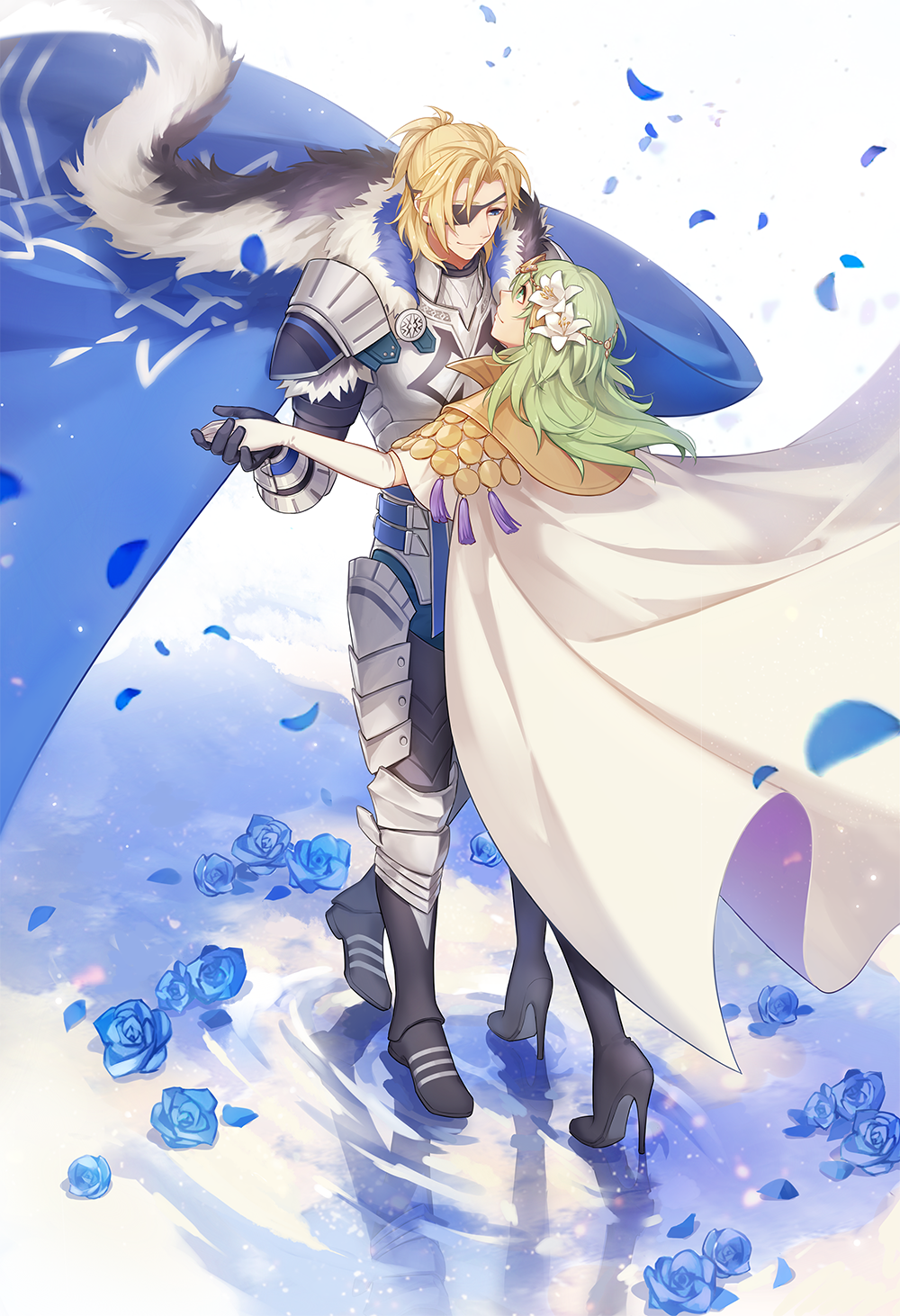 1boy 1girl armor armored_boots black_footwear black_gloves blonde_hair blue_cape blue_eyes blue_flower blue_pants blue_rose boots byleth_(female)_(fire_emblem) byleth_(fire_emblem) cape circlet closed_mouth dancing dimitri_alexandre_blaiddyd elbow_gloves enlightened_byleth_(female) eye_contact eyepatch falling_petals fire_emblem fire_emblem:_three_houses floating_cape flower full_body fur-trimmed_cape fur_trim gloves green_eyes green_hair hair_between_eyes hair_flower hair_ornament half_updo high_heel_boots high_heels highres holding_hands lily_(flower) long_hair looking_at_another medium_hair pants parted_bangs petals poleyn reflection reflective_water ripples rose ruru_(lulubuu) shoulder_armor smile standing standing_on_liquid tassel thigh_boots vambraces white_cape white_flower white_gloves