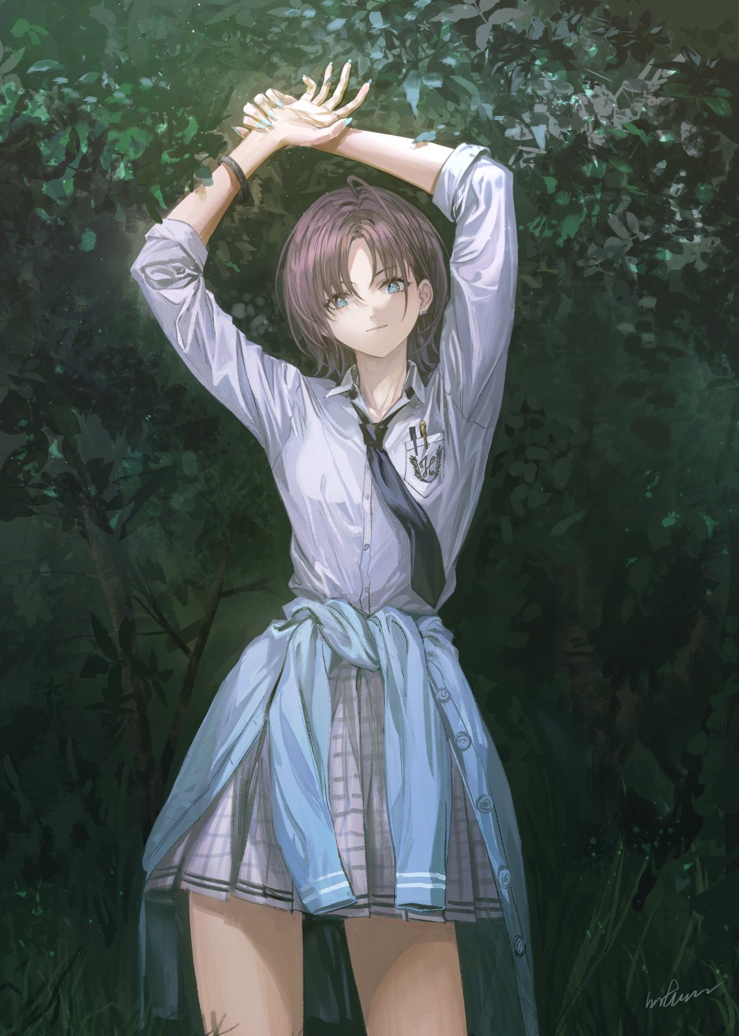 1girl ahoge arms_up asakura_toru black_necktie blue_cardigan bracelet cardigan cardigan_around_waist clothes_around_waist cowboy_shot earrings fingernails forest grey_skirt head_tilt highres idolmaster idolmaster_shiny_colors infukun jewelry light_smile looking_at_viewer loose_necktie nail_polish nature necktie outdoors own_hands_together parted_bangs pen_in_pocket plaid plaid_skirt pleated_skirt purple_hair school_uniform shirt signature skirt sleeves_rolled_up solo white_shirt