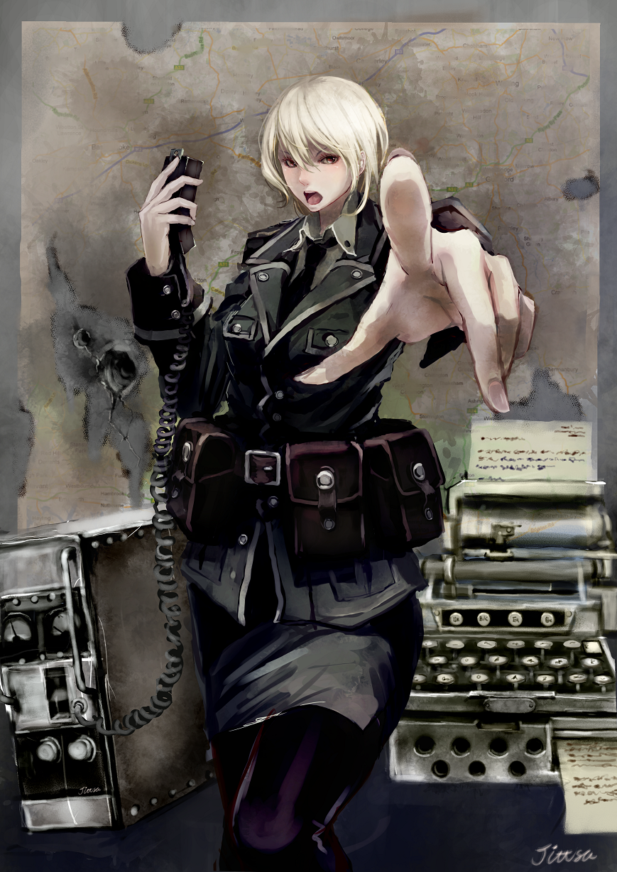 1girl belt black_necktie black_pantyhose blonde_hair commentary_request highres holding jacket jittsu looking_at_viewer military military_uniform necktie open_mouth original outstretched_arm pantyhose paper pointing pointing_at_viewer pouch radio red_eyes short_hair skirt typewriter uniform walkie-talkie
