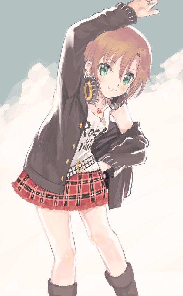 1girl amezawa_koma arm_up belt black_cardigan blush boots brown_hair cardigan clothes_writing feet_out_of_frame green_eyes headphones headphones_around_neck idolmaster idolmaster_cinderella_girls jewelry necklace off_shoulder open_cardigan open_clothes parted_lips plaid plaid_skirt short_hair skirt smile solo tada_riina waving