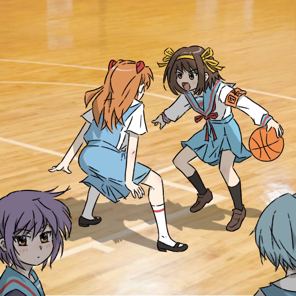 4girls ayanami_rei ball basketball basketball_(object) black_footwear blue_hair brown_footwear brown_hair crossover multiple_girls nagato_yuki neon_genesis_evangelion open_mouth orange_hair playing_sports purple_hair school_uniform souryuu_asuka_langley suzumiya_haruhi suzumiya_haruhi_no_yuuutsu tokyo-3_middle_school_uniform truffleduster