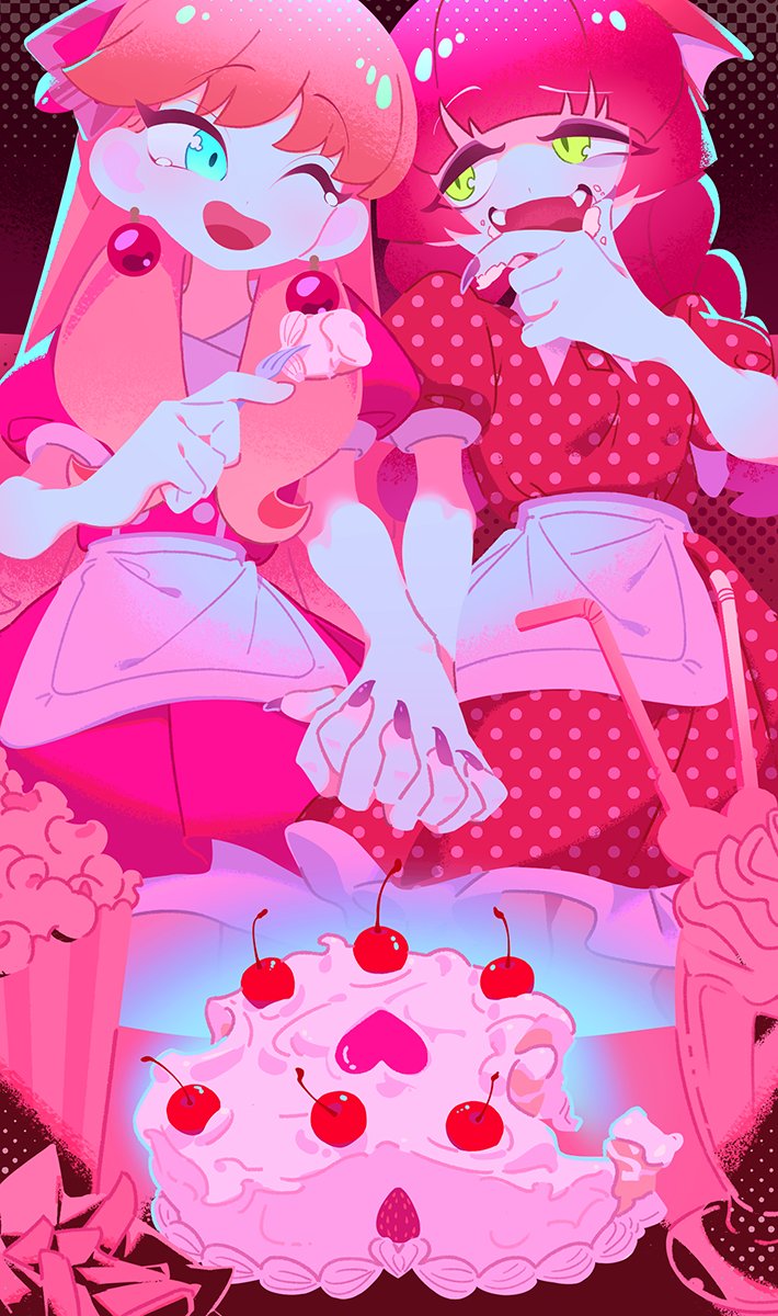 2girls apron arm_up blue_eyes blush braid buttons cake carol_(donuttypd) cherry crumbs donuttypd dots dragon_girl dress drinking_straw earrings fingernails flaemmchen_(donuttypd) food food_on_face fork french_fries fruit green_eyes hand_to_own_mouth hands_up heart highres holding holding_fork icing jewelry large_earrings long_hair looking_at_another milkshake mimic monster_girl multiple_girls nail_polish one_eye_closed open_mouth open_smile original pink_dress pink_hair polka_dot polka_dot_dress popcorn red_background red_dress sharp_fingernails sharp_teeth simple_background smile strawberry teeth twin_braids upper_teeth_only waist_apron white_apron wiping_mouth yuri
