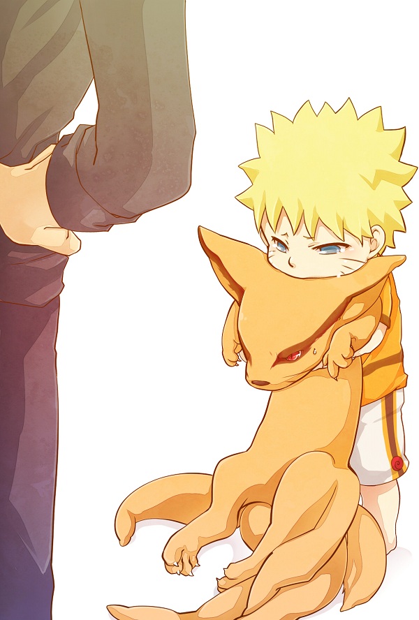 2boys aged_down black_pants black_shirt blonde_hair blue_eyes character_request colored_sclera commentary_request facial_mark fingernails hand_on_own_hip kurama_(naruto) long_sleeves male_child multiple_boys multiple_tails naruto_(series) pants red_sclera sai_(mcy1229) sharp_fingernails shirt short_hair short_sleeves shorts standing tail uzumaki_naruto whisker_markings white_background