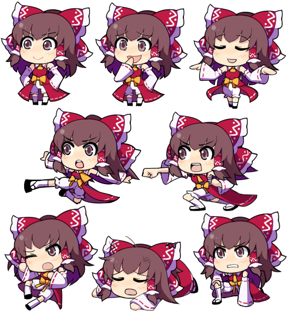 1girl ascot black_footwear bloomers blush bow brown_eyes brown_hair chibi clenched_teeth closed_eyes closed_mouth collared_shirt commentary_request cookie_(touhou) detached_sleeves frilled_bow frilled_hair_tubes frills frown full_body hair_bow hair_tubes hakurei_reimu hospital_king kanna_(cookie) kicking long_hair looking_afar medium_bangs multiple_views one_eye_closed open_mouth punching red_bow ribbon-trimmed_sleeves ribbon_trim scratches shirt shrugging sidelocks simple_background sleeveless sleeveless_shirt smile socks teeth touhou transparent_background underwear v-shaped_eyebrows white_bloomers white_sleeves white_socks yellow_ascot zouri