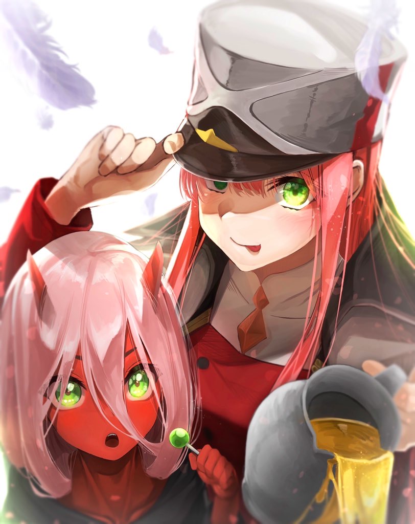 2girls :o :p adjusting_clothes adjusting_headwear age_difference aged_down ajimi_jiro black_cape black_dress candy cape close-up closed_mouth collarbone colored_skin commentary darling_in_the_franxx demon_horns dress dual_persona falling_feathers feathers food green_eyes grey_headwear hair_between_eyes hair_strand hat height_difference holding holding_candy holding_food holding_lollipop honey horns incoming_food jacket light_blush lollipop long_bangs long_hair looking_at_viewer looking_up military military_uniform multiple_girls necktie open_mouth orange_necktie peaked_cap pink_hair pitcher_(container) portrait pouring red_horns red_jacket red_skin rem_(re:zero) shaded_face shirt short_necktie simple_background smile teeth time_paradox tongue tongue_out uniform upper_teeth_only white_background white_feathers white_shirt