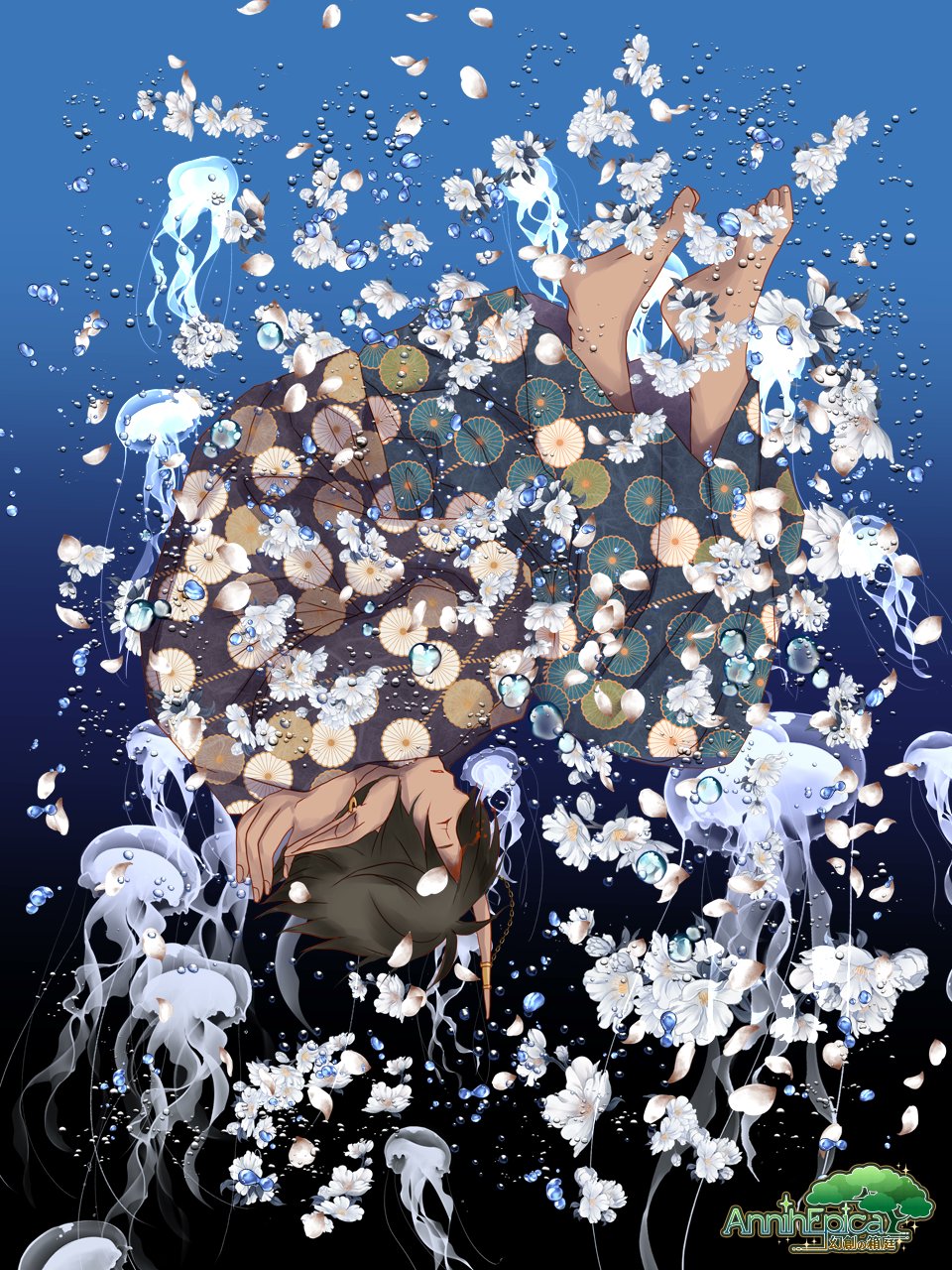 1boy air_bubble annih_epica barefoot black_hair blood bubble closed_eyes copyright_name earrings fetal_position flower highres injury japanese_clothes jellyfish jewelry kimono parted_lips patterned_clothing pointy_ears print_kimono short_hair siomugi_kuma submerged underwater upside-down white_flower