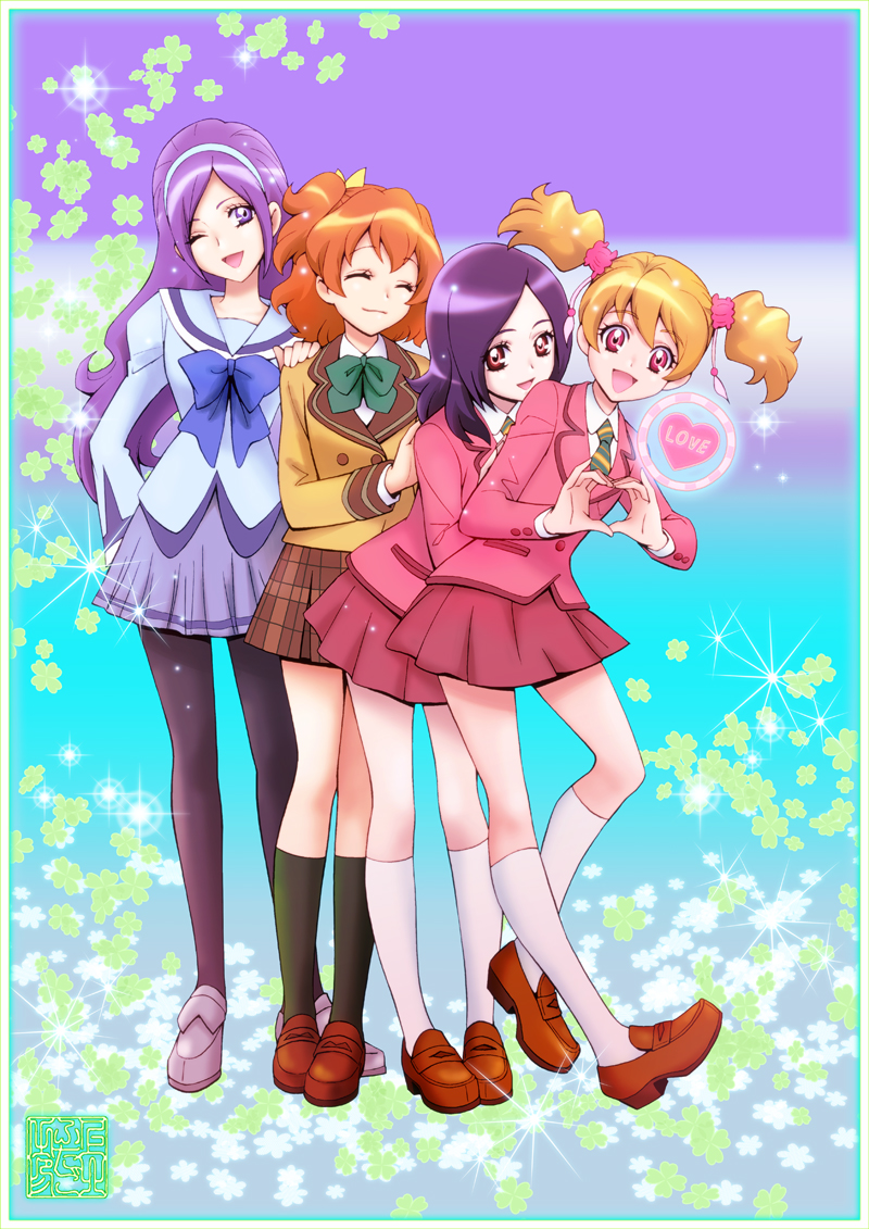 4girls :d aono_miki blonde_hair blue_skirt border brown_hair closed_eyes commentary_request english_text eyelashes fresh_precure! gradient_background hair_ornament hairband happy heart higashi_setsuna kamikita_futago long_hair looking_at_viewer medium_hair momozono_love multiple_girls official_art open_mouth pantyhose pink_eyes pink_skirt ponytail precure purple_hair red_eyes school_uniform shoes short_hair side_ponytail skirt smile socks standing twintails violet_eyes yamabuki_inori