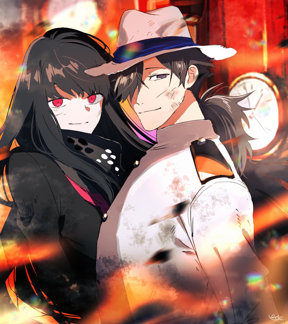 1boy 1girl black_eyes black_hair black_scarf black_serafuku blunt_bangs blurry blurry_background buttons clock commentary_request dirty dirty_clothes dirty_face fate/grand_order fate_(series) fedora fire from_side hair_over_one_eye hat highres jacket long_hair looking_at_viewer looking_to_the_side low_ponytail neckerchief oryou_(fate) pink_neckerchief pirohi_(pirohi214) red_eyes sakamoto_ryouma_(fate) scarf school_uniform serafuku smile torn_clothes torn_hat upper_body white_headwear white_jacket