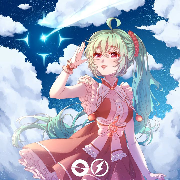 1girl ahoge aqua_hair artist_request blue_sky character_request check_character clouds copyright_request dress hair_between_eyes long_hair looking_at_viewer musical_note non-web_source pink_dress pink_eyes side_ponytail sky source_request very_long_hair