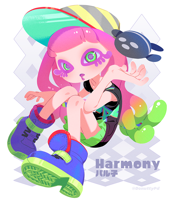 1girl arms_up blonde_hair blush boots character_name clownfish colored_skin donuttypd fish green_eyes green_hair green_skirt hands_up harmony's_clownfish_(splatoon) harmony_(splatoon) hat looking_at_viewer multicolored_hair open_mouth patterned_background pink_hair pink_skin purple_footwear saliva shirt short_sleeves sitting skirt splatoon_(series) splatoon_3 striped