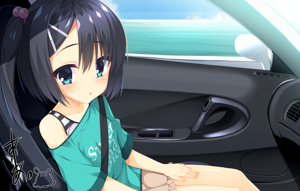 1girl aqua_eyes aqua_shirt aria. blue_sky blush brown_shorts car_interior car_seat collarbone commentary_request commission day dracu-riot! eyes_visible_through_hair flat_chest frilled_shorts frills hair_between_eyes hair_bobbles hair_ornament hairclip looking_at_viewer medium_hair mera_azusa ocean off_shoulder parted_lips shirt shorts side_ponytail signature skeb_commission sky solo