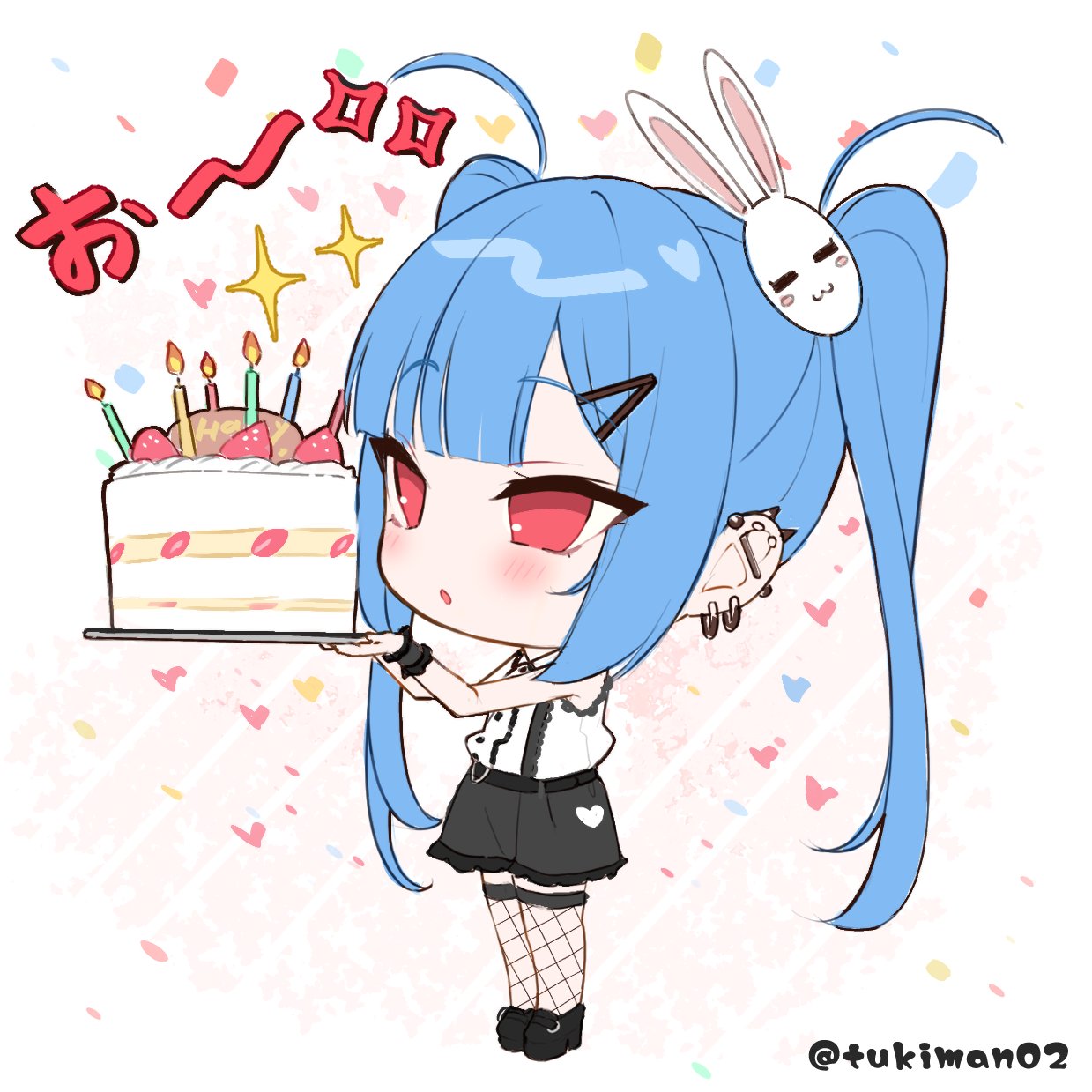 1girl bare_arms bare_shoulders birthday_cake black_footwear black_skirt blue_hair blush cake candle chibi collared_shirt commentary_request ear_piercing fire fishnet_thighhighs fishnets food fruit full_body hair_ornament hairclip heart highres holding holding_plate long_hair looking_away original parted_lips piercing plate rabbit_hair_ornament red_eyes shirt shoes simple_background skirt sleeveless sleeveless_shirt solo sparkle standing strawberry thigh-highs translation_request tsukiman twintails twitter_username very_long_hair white_background white_shirt wrist_cuffs