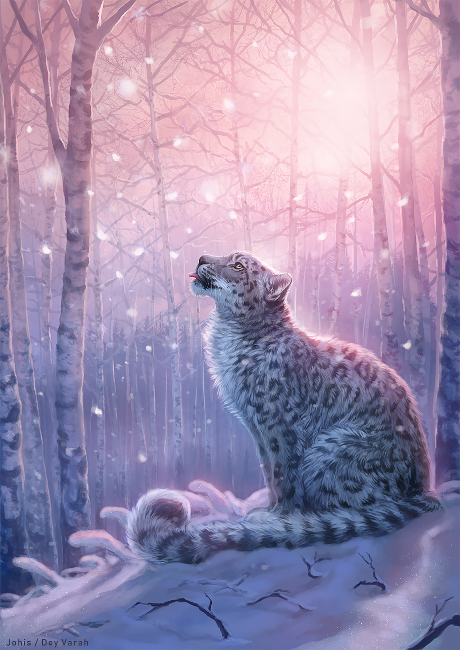 animal animal_focus artist_name birch deyvarah forest from_side highres lhuin nature no_humans original outdoors snow snow_leopard solo watermark