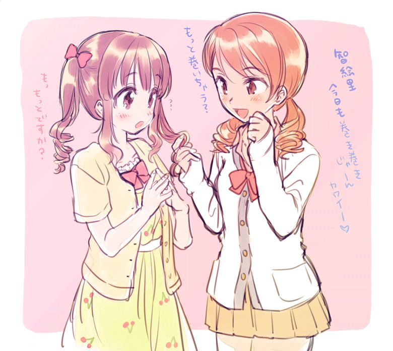 2girls amezawa_koma blush bow bowtie brown_eyes brown_hair cherry_print commentary_request cowboy_shot dress drill_hair food_print hojo_karen holding_another's_hair idolmaster idolmaster_cinderella_girls jacket looking_at_another multiple_girls ogata_chieri open_mouth orange_hair print_dress red_bow red_bowtie short_sleeves sidelocks sketch skirt smile translation_request twin_drills twintails white_jacket