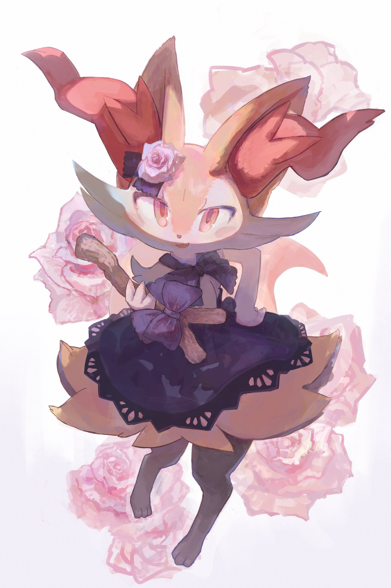 1girl animal_ear_fluff animal_ears animal_nose black_fur bow braixen digitigrade dress dress_bow fang floral_background flower fox_ears full_body furry furry_female hair_flower hair_ornament hand_on_own_hip highres holding holding_stick ikei lace-trimmed_dress lace_trim looking_at_viewer open_mouth orange_eyes orange_fur pink_flower pokemon pokemon_(creature) pokemon_(game) purple_bow purple_dress red_nose smile snout solo stick tsurime white_background white_fur yellow_fur