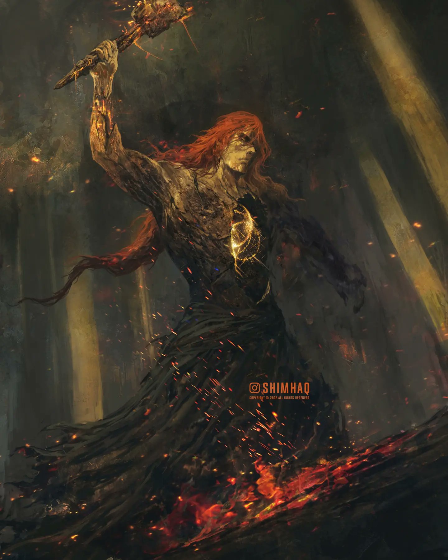 1boy arm_up bare_arms bare_pectorals black_robe cracked_skin elden_ring elden_ring_(object) embers forge from_software hammer highres hole_in_chest hole_on_body light_rays long_hair pectorals radagon_of_the_golden_order redhead robe serious shimhaq topless