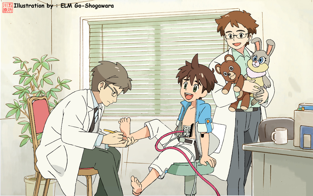 3boys ahoge android barefoot black_necktie brown_hair chair cup glasses goshogawara_elm green_eyes holding holding_another's_foot holding_stuffed_toy lab_coat male_child male_focus multiple_boys necktie open_clothes open_shirt original pants plant short_hair short_sleeves sitting smile stuffed_animal stuffed_rabbit stuffed_toy teacup teddy_bear teeth toes upper_teeth_only window wire