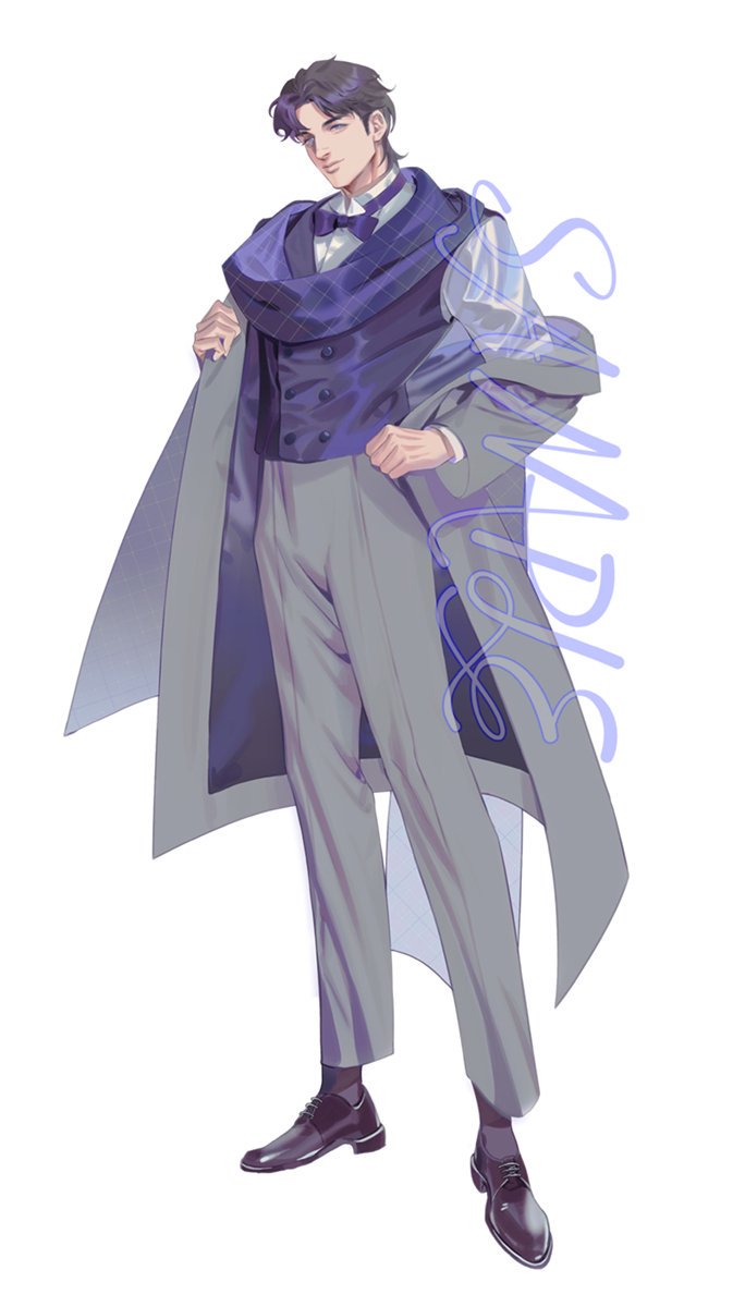 1boy black_footwear black_socks blue_bow blue_bowtie blue_eyes bow bowtie buttons closed_mouth coat commentary dress_shirt full_body grey_pants handsomedao highres jojo_no_kimyou_na_bouken jonathan_joestar long_coat long_sleeves male_focus open_clothes open_coat pants phantom_blood scarf shirt shoes short_hair simple_background smile socks solo symbol-only_commentary vest white_background