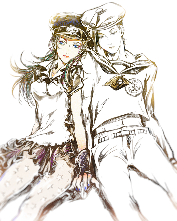 1boy 1girl apron birthmark black_hair blue_eyes breasts brother_and_sister closed_eyes closed_mouth commentary_request fingerless_gloves gloves hat holding_hands joestar_birthmark jojo_no_kimyou_na_bouken jojolion kira_yoshikage_(jojolion) long_hair long_sleeves maid mizudama nijimura_kei pants pantyhose pink_lips sailor_hat siblings star_(symbol) star_print visor_cap