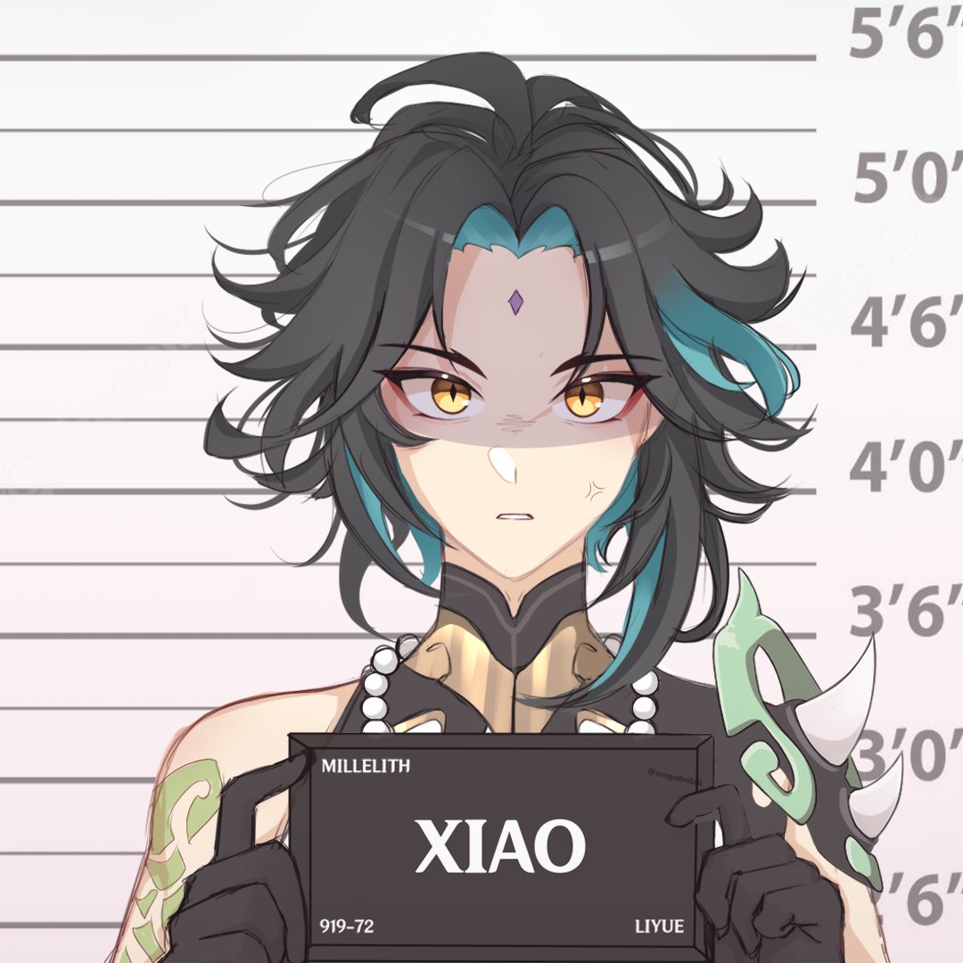 1boy ahoge anger_vein arm_tattoo armor barbie_mugshot_(meme) black_gloves black_hair blue_hair character_name english_commentary eyeshadow facial_mark forehead_mark genshin_impact gloves gold_trim hands_up holding holding_sign jewelry looking_at_viewer makeup male_focus mandarin_collar meme mugshot multicolored_hair necklace pearl_necklace red_eyeshadow shaded_face shirt shoulder_armor sign single_bare_shoulder solo standing sungodsoleil tattoo teeth two-tone_hair white_shirt xiao_(genshin_impact) yellow_eyes