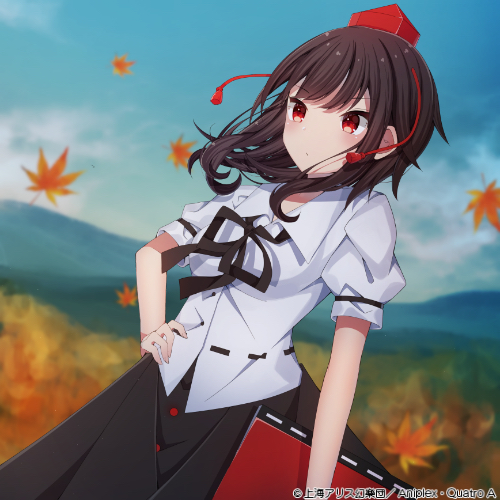 album_cover autumn autumn_leaves black_hair black_ribbon black_skirt blue_sky book check_commentary collared_shirt commentary commentary_request cover floating_hair hand_on_own_hip hat holding holding_book looking_ahead lowres mountainous_horizon notebook official_art pom_pom_(clothes) red_eyes red_headwear ribbon sapphire_(sapphire25252) shameimaru_aya shirt short_hair skirt sky tokin_hat touhou touhou_cannonball white_shirt