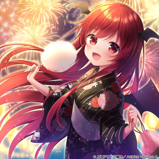 amane_kurumi black_kimono check_commentary commentary commentary_request cotton_candy demon_wings festival fireworks floral_print food head_wings holding holding_food japanese_clothes kimono koakuma lantern long_hair night night_sky official_alternate_costume official_art red_eyes redhead sidelocks sky smile striped touhou touhou_cannonball vertical_stripes wings yukata