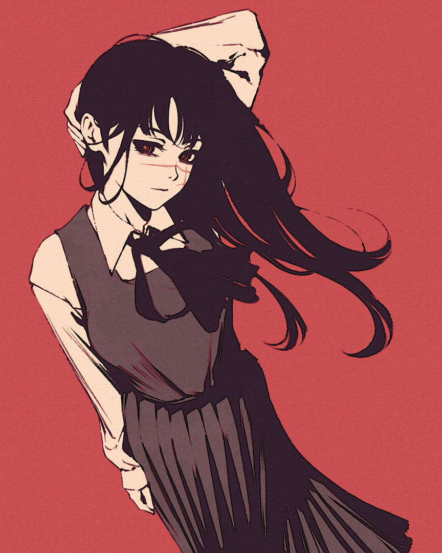 1girl arm_at_side arm_behind_head arm_up black_hair bow chainsaw_man closed_mouth collared_shirt dress feet_out_of_frame long_hair long_sleeves monochrome moshimoshibe pinafore_dress red_background red_eyes red_theme ribbon ringed_eyes scar scar_on_face shirt simple_background sleeveless sleeveless_dress solo spot_color standing wind yoru_(chainsaw_man)