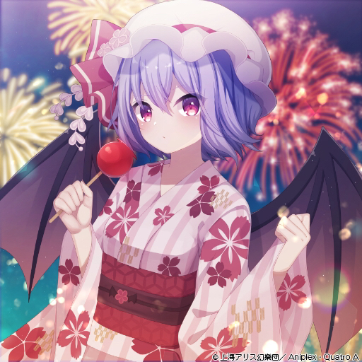 bat_wings bow candy_apple check_commentary clenched_hand commentary commentary_request festival fireworks floral_print flower food hat hat_flower hat_ribbon holding holding_food japanese_clothes kimono light_purple_hair mob_cap night official_alternate_costume official_art parted_lips pink_kimono red_bow red_eyes red_ribbon red_sash remilia_scarlet ribbon sapphire_(sapphire25252) sash short_hair striped striped_kimono touhou touhou_cannonball vertical-striped_kimono vertical_stripes white_headwear wide_sleeves wings yukata