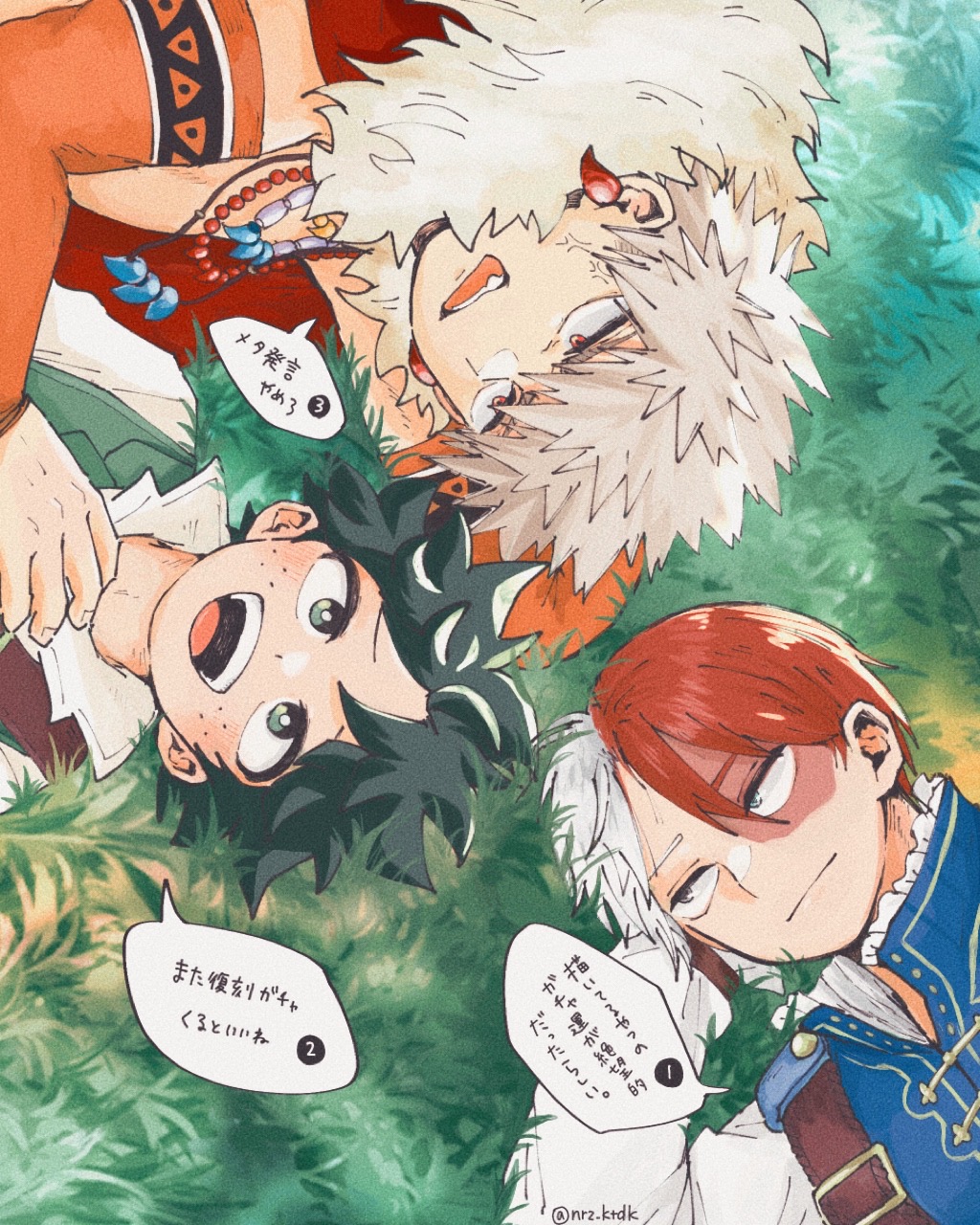 3boys anger_vein bakugou_katsuki blonde_hair blush boku_no_hero_academia burn_scar closed_mouth commentary_request earrings freckles fur_trim grass green_eyes green_hair hair_between_eyes heterochromia highres jewelry looking_at_another lying male_focus midoriya_izuku multicolored_hair multiple_boys multiple_necklaces necklace nr2_ktdk official_alternate_costume on_back open_mouth red_eyes redhead scar scar_on_face short_hair speech_bubble spiky_hair split-color_hair teeth todoroki_shouto twitter_username two-tone_hair white_hair