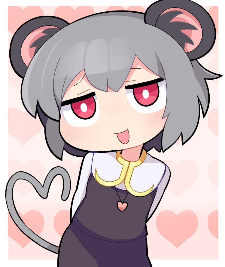 1girl animal_ear_fluff animal_ears blush border bright_pupils capelet commentary_request cookie_(touhou) cowboy_shot flat_chest grey_hair grey_skirt grey_vest heart heart_background heart_necklace heart_tail hospital_king jewelry long_sleeves looking_at_viewer medium_bangs mouse_ears mouse_girl mouse_tail nazrin necklace nyon_(cookie) open_mouth outside_border pendant pink_background red_eyes shirt short_hair skirt smile solo tail touhou vest white_border white_capelet white_pupils white_shirt